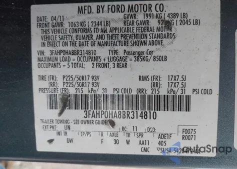 2011 Ford Fusion Se из США, поврежденный, VIN 3FAHP0HA8BR314810